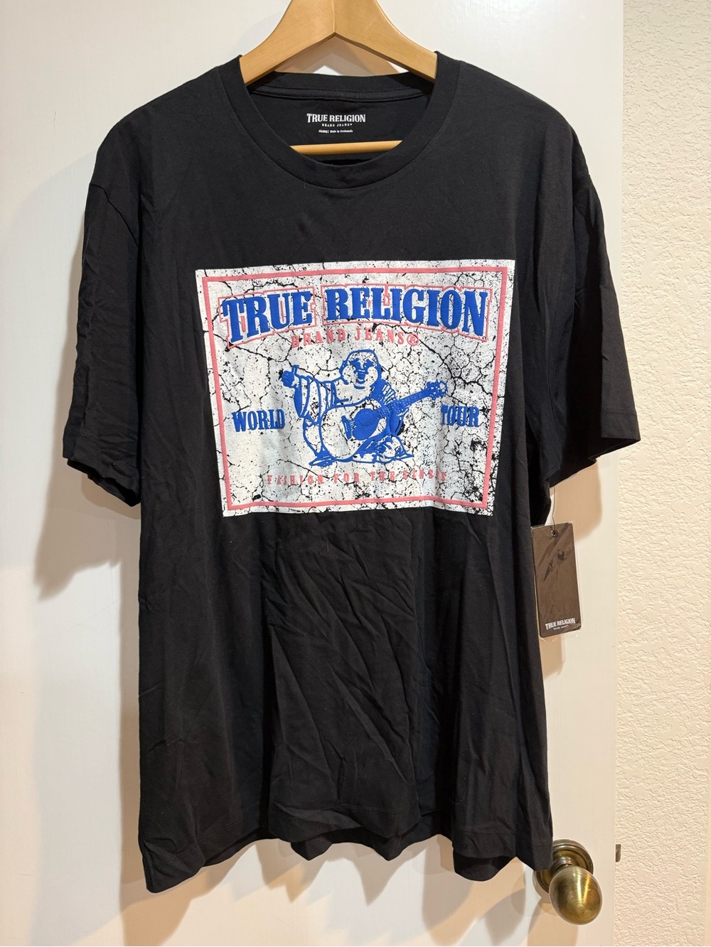 True Religion Black Short-Sleeve Logo Graphic Tee with Blue & White Print